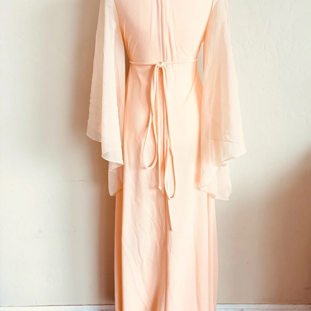 Vintage 1970s Peach Angel Wing Sleeve Deep V-neckline Empire Waist Maxi Dress - Picture 15 of 15